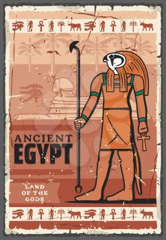 Ancient Egypt religion god Horus with sphinx statue and hieroglyphics. Vector man with falcon head, ankh and eye of horus religious symbols, palm, cow and Anubis. Religion, culture and travel theme