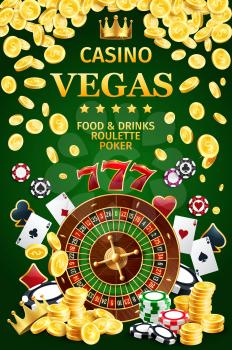 Roulette casino online Internet poster with color gambling chips and poker game cards. Aces with spades, hearts, diamonds and clubs on suits. Gold coins and crown, sevens from slot machine vector