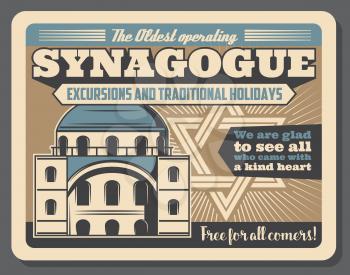 Jewish culture and synagogue visit for excursion or traditional Judaic holidays. Vector advertisement retro poster retro design of synagogue building with David star and Hebrew scrip
