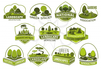 Landscape design company vector icons, urban horticulture planting premium service. Vector isolated forest trees or parkland squares and parks, green project design of city ecology, gardening