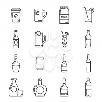 Drinks and beverages vector icons. Coffee and tea cup, milk pack and beer mug or can, cocktail glass and alcohol drink bottle of whiskey or brandy cognac with vodka and champagne or wine