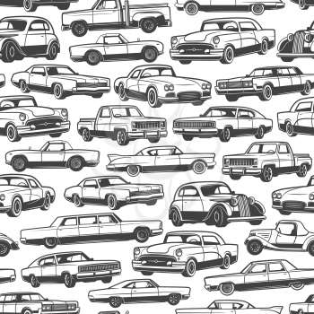 Old car or vintage retro automobile pattern background. Vector seamless design of auto transport limousine or hatchback and pickup truck vehicle or antique collector and veteran auto models