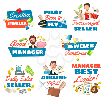 Businessman or clerk, jeweler and supermarket seller, pilot profession icons. Vector peoples with work items of jewelry gemstones, airport elements, store equipment, money and credit card, shop cart