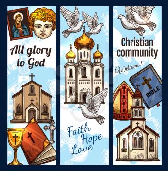 Christian religious sketch posters, Orthodox community religion symbols. Vector Catholic, Protestant or Evangelic and Baptist church, holy bible and pope bishop mitre with crucifix cross