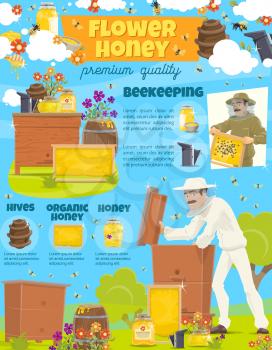 Honey beekeeper at beehive poster. Vector beekeeping profession man at apiary taking organic natural honey, cartoon design of honey bees swarm in honeycomb and flowers