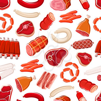 Meat pattern of pork, beef and sausages on seamless background. Vector butcher meat products, bacon or ham and lamb ribs barbecue , salami and pepperoni or beefsteak sirloin