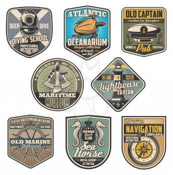 Marine and nautical vintage badges. Vector diving elment, lighthouse and captain, sailor cap and sextant, sea turtle and compass, helm and seahorse