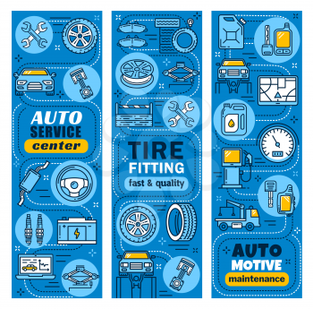 Car service and auto mechanic repair center banners. Vector design for tire fitting or automotive maintenance of vehicle muffler, tow truck and lug wrench for garage diagnostic station