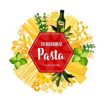 Italian pasta and traditional macaroni dishes. Vector restaurant menu banner of lasagna, linguine or ravioli and farfalle pasta with cooking spices and ingredients, olive oil or basil and rosemary