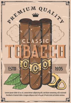 Cigars and tobacco retro poster. Vector cigarettes with Cuban Havana premium quality label and cutter, tobacco production factory or gentleman smoking club