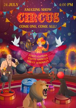 Circus show, chapiteau performance, clown and athlete, trained animals. Vector joker in wig, strong man with dumbbell and barbell. Monkey jugglers and seal with ball, lion and doves, hoops in fire