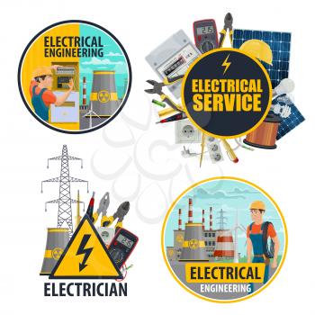 Electricity and energy power service or electrical equipment. Vector electrician, light bulb and voltage tester, nuclear power plant and solar battery, ammeter and voltmeter or electricity cables reel