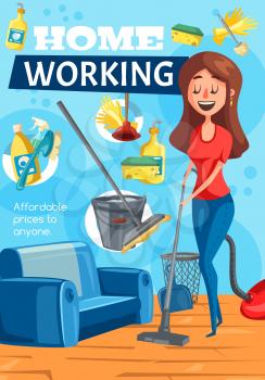 Home cleaning service, clean house working poster. Vector housewife woman with vacuum cleaner mopping floor with soap detergent and furniture upholstery cleaning sponge brush