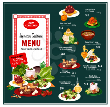 Korean cuisine asian traditional food menu dishes list and prices. Hee from beef and dried pollack in sauce, rice with chicken, kimchi soup and orienge shukrim pang. Desserts and main courses vector