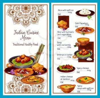Menu of healthy Indian cuisine with delicious exotic dishes. Meals of rice with picante condiments, soup with lentils, king shrimps in batter, spicy chicken and cheese at tandoor with prices vector