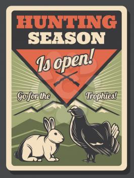 Open hunting season retro poster with white rabbit and fat black capercaillie. Forest wild animals on shooting brutal sport placard. Herbivorous mammal and wild bird under crossed guns vintage vector