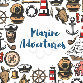 Marine symbols and nautical icons poster. Bearded sailor and lighthouse, diving helmet and sea turtle, retro compass and gold deck bell. Wooden ship and anchor, smoking pipe and lifebuoy vector