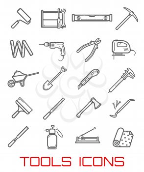 Tools icons and symbols, instruments for building line art. Roller, screwdriver and wrench, level ruler and sharp pick, electric drill and big pliers, jig saw and cart with sand, outline vector