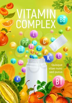 Complex of vitamins A and C with D and minerals B, P poster with fresh fruits and vegetables. Pharmaceutical pills, dietary supplement drops with pumpkin and peach, pear and citrus fruits, apples vector