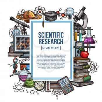 Science and research poster scientific equipment and piles of books. Flasks with liquids and molecular models, microscope and telescope, monitor with graphic and DNA molecules, lamp and hat vector