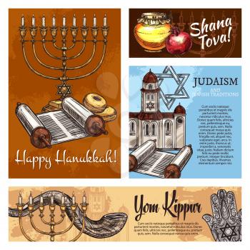 Happy Hanukkah, Shana Tova and Yom Kippur Judaism religious holidays posters. Vector Jewish traditional Rosh Hashanah shofar horn, Hanukkah menorah or Torah scroll and synagogue with Hamsa hand amulet