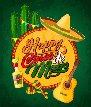 Happy Cinco de Mayo festive banner with Latin American fiesta party symbols. Festival sombrero, maracas and guitar, tequila, cactus and bunting poster. Puebla battle anniversary greeting card design