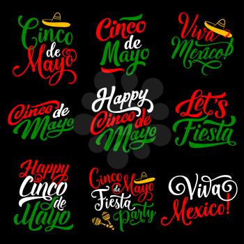 Cinco de Mayo hand drawn calligraphy lettering for mexican holiday greeting card. Cinco de Mayo fiesta party greetings with sombrero and maracas for Puebla Battle anniversary celebration design