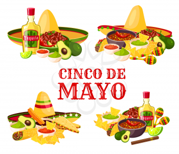 Cinco de Mayo holiday icon set with fiesta party food and drink. Mexican festival sombrero with chili pepper and jalapeno, avocado guacamole, nacho and burrito, tequila margarita, lime and maracas