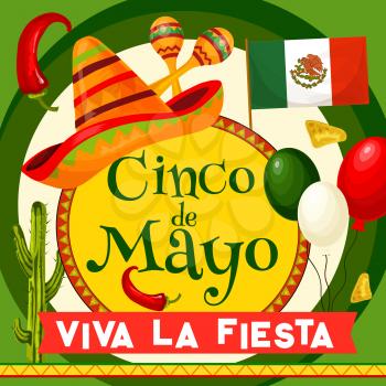 Cinco de Mayo Mexican greeting card for Viva la Fiesta holiday celebration. Vector design of Mexico flag balloons, jalapeno pepper or sombrero and maracas or cactus for Cinco de Mayo party