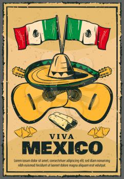 Cinco de Mayo Mexican holiday sketch poster for Viva Mexico traditional fiesta celebration. Vector retro design of Mexican flag, guitar and sombrero, nachos and burrito for Cinco de Mayo greeting card