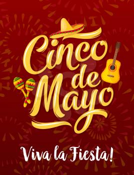 Mexican fiesta party greeting banner of Cinco de Mayo holiday. Puebla battle anniversary celebration poster, decorated by sombrero hat, maracas, guitar and firework for Latin American festival design