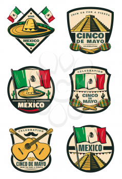 Cinco de Mayo Mexican holiday celebration sketch icons for for Mexico traditional fiesta greeting card. Vector sombrero, poncho and maracas, Cinco De Mayo jalapeno pepper, guitar and flag or cactus