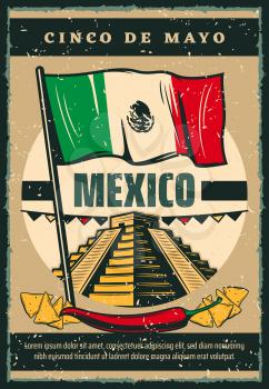 Cinco de Mayo Mexican holiday sketch poster retro design of Mexico flag, jalapeno pepper and nachos for traditional fiesta celebration. Vector Cinco de Mayo greeting card of Aztec or May pyramid