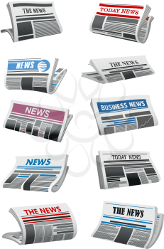 Newspaper 3d illustration set of folded news paper sheet. Daily publication of business news mock-up with headline, picture and column on front page for information themes and media industry design