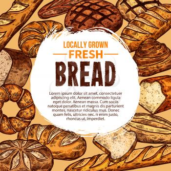 Vector sketch poster with different bread products. Concept of locally grown fresh bread. Various bakery loaf, baguette, roll, bagel etc. Vector design banner for pastry shop or food market