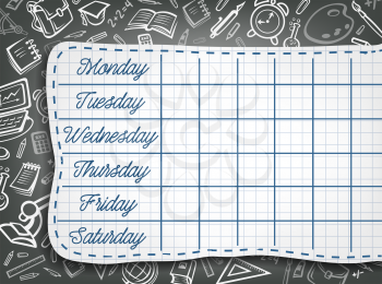 School timetable chalk design of weekly lesson schedule on black chalkboard with stationery pattern. Vector school bag or education supplies chemistry book, microscope or geography globe on blackboard