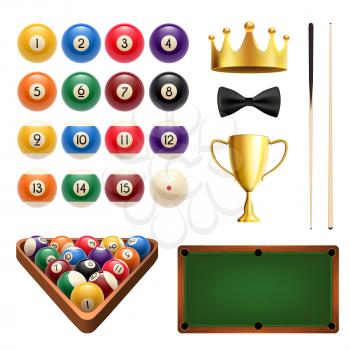 Billiards sport icon set with snooker game equipment and item. Billiard, snooker and pool ball with cue, green table and triangle, winner trophy cup and golden crown 3d symbol for pool room design
