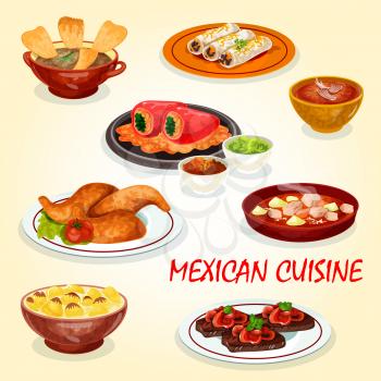 Mexican cuisine icon of meat burrito, served with avocado guacamole and tomato salsa sauce, chicken soup with tortilla, stuffed pepper and meat stew estofado, beef steak and vegetable cream soup