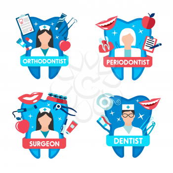 Dentistry clinic emblem with dentist, oral surgeon, orthodontist and periodontist for dental health care design. Tooth and doctor icon with floss, braces and implant, toothbrush, toothpaste and tool