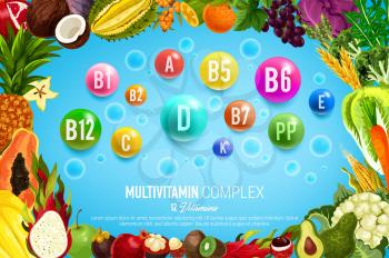 Vitamin and mineral banner with healthy food, vegetable and fruit frame. Natural diet supplement complex of colorful pill and drops, healthy nutrition poster for medicine, health care and pharmacy