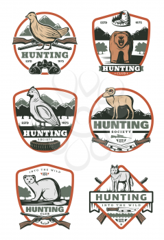 Hunting club vintage badge with wild bird and animal. Bear, wolf and grouse, bighorn sheep, ferret and chukar retro symbol design with rifle gun, knife and antler, binocular, trap and cartridge belt