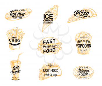 Fast food restaurant, burger cafe and pizzeria icon with takeaway meal and drink sketch. Hamburger, pizza and fries, hot dog, soda and donut, ice cream and popcorn symbol with hand lettering design