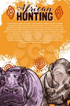 African hunting banner with wild safari animal sketch. Rhino and hippo savannah mammal poster, decorated with african ethnic ornament for hunter sport club safari tour flyer design