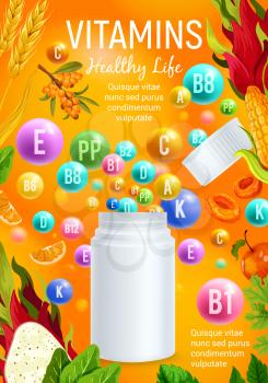 Natural vitamin and mineral for healthy life banner template. Multivitamin bottle with colorful pill and ball, fresh fruit, vegetable, cereal and herb poster design for diet nutrition and healthcare
