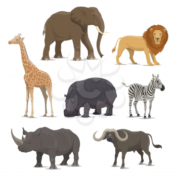 African animal cartoon icon set with wild savanna mammal. Elephant, lion and giraffe, rhino, hippo, zebra and buffalo animal for zoo, safari hunting and Africa wildlife themes design