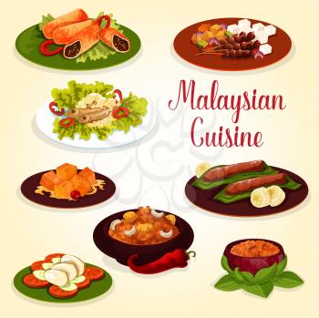 Malaysian cuisine exotic food icon for lunch menu. Chicken on rice and vegetable bed, fish with bean sprout and meat roll, beef masala curry, grilled chicken with peanut sauce and fruit dessert