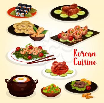 Korean cuisine lunch menu icon of traditional Asian food. Vegetable rice bibimbap, grilled beef bulgogi and sushi roll kimbap, fried shrimp, pork ribs with soy sauce, pickled fish and bean pancake
