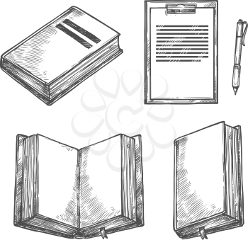 Book, notebook, pen and clipboard sketch set. Open book with empty page, ballpoint pen and paper clipboard with pen holder. Office stationery and writing tool for education and business design