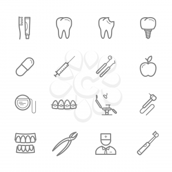 Dentistry thin line icon set for medicine and dental themes design. Healthy and decayed tooth, toothbrush and toothpaste, dentist tool, tooth implant and braces, floss, pill, syringe and dentist chair