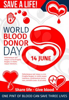 Donate Blood and Save Life medical banner for World Donor Day template. Red heart and helping hand with drop of donation blood and heartbeat line flyer for blood transfusion laboratory design